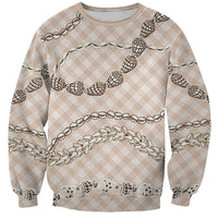Beige Aloha Hawaii Shell Lei Sweatshirt Palaka Hebrew Cone Honey Cowrie Elegant Curves - Polynesian Pride