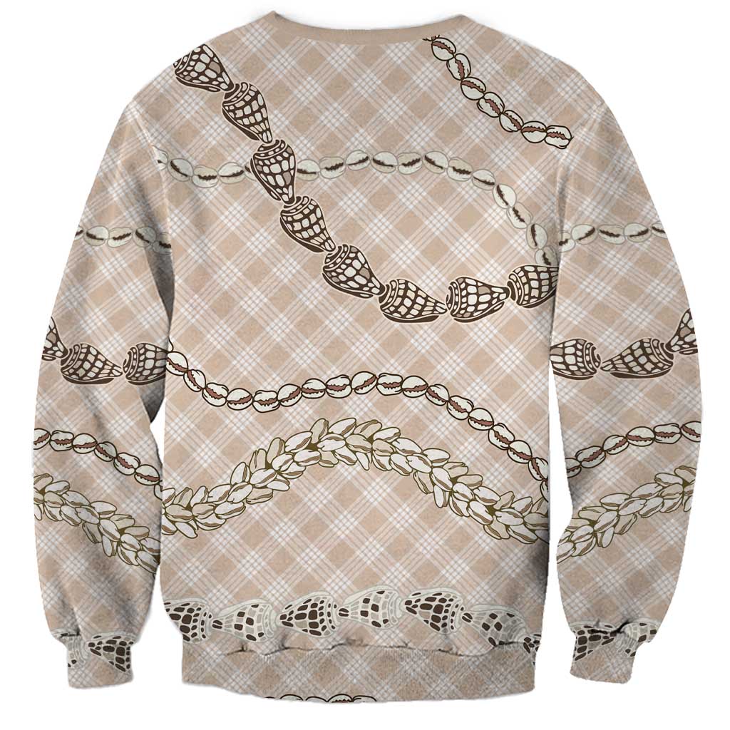 Beige Aloha Hawaii Shell Lei Sweatshirt Palaka Hebrew Cone Honey Cowrie Elegant Curves - Polynesian Pride
