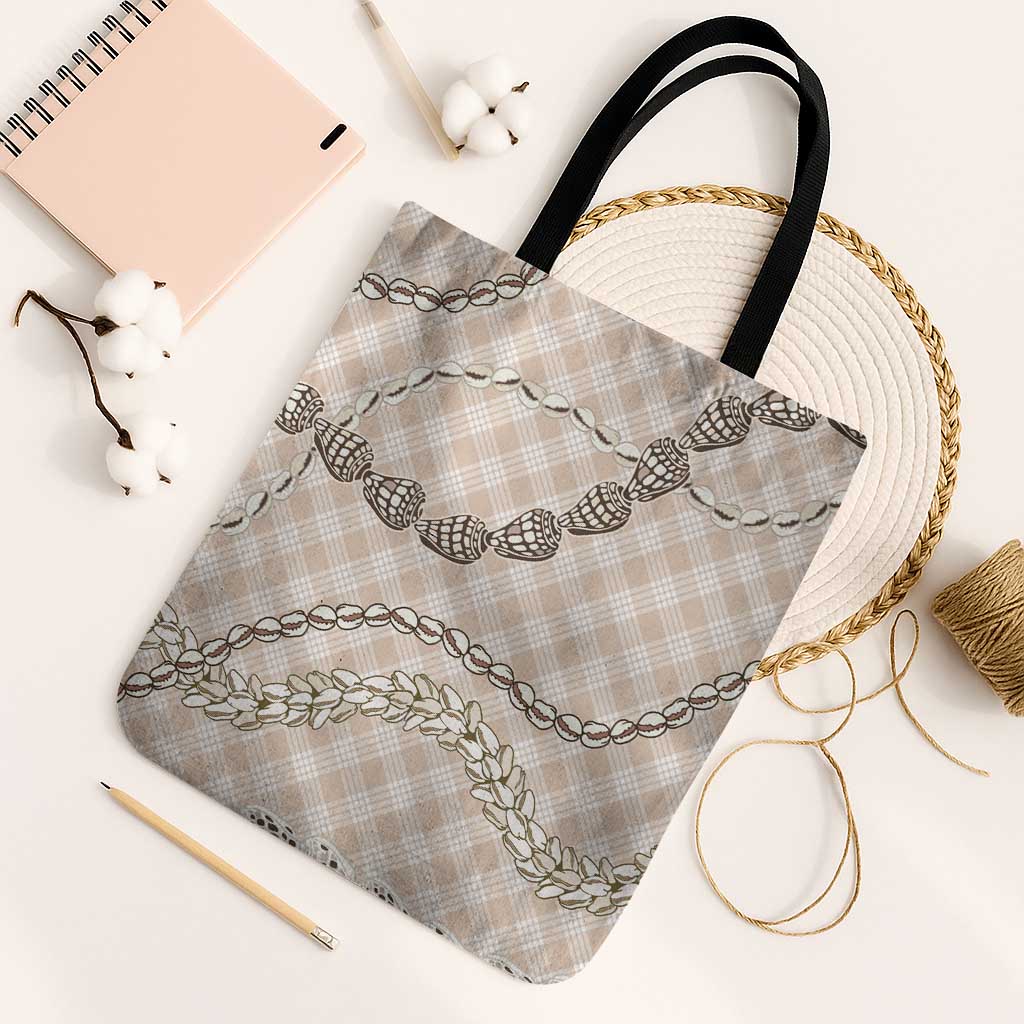 Beige Aloha Hawaii Shell Lei Tote Bag Palaka Hebrew Cone Honey Cowrie Elegant Curves - Polynesian Pride