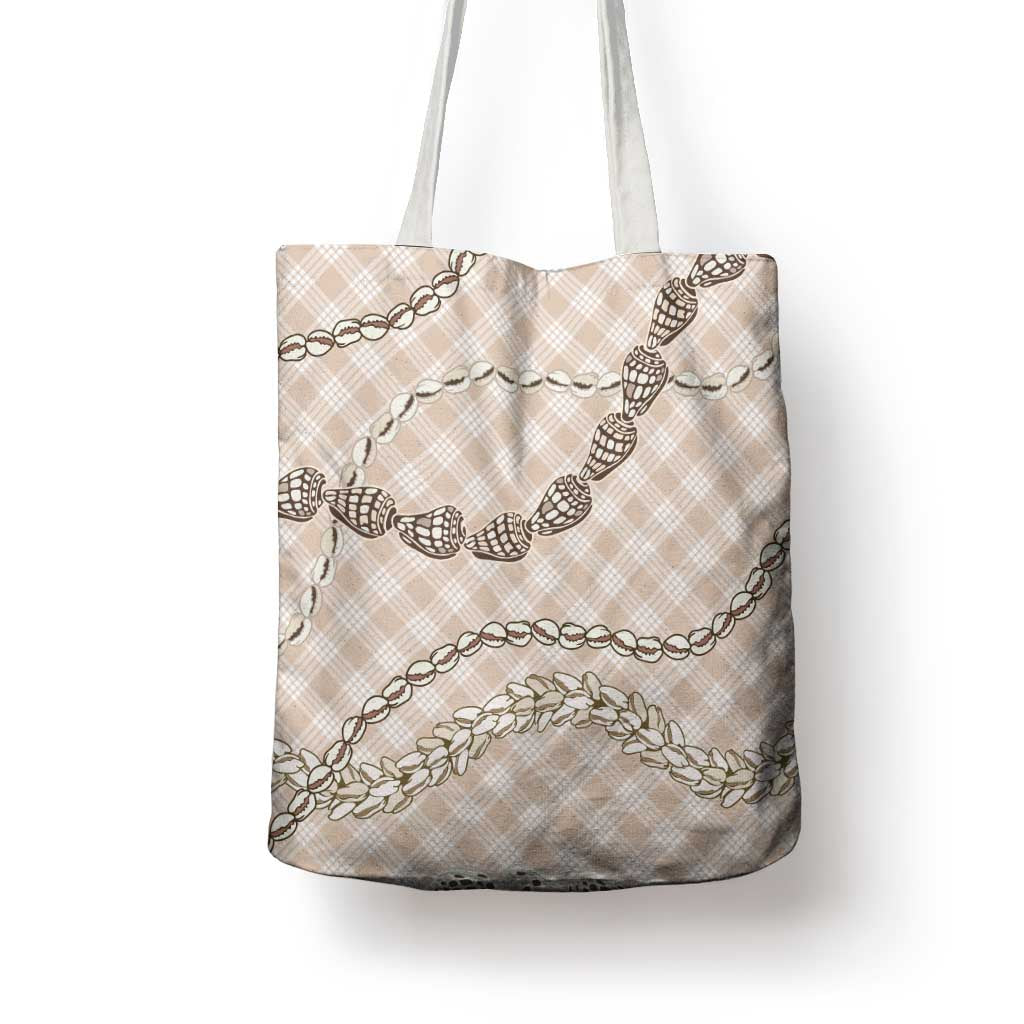 Beige Aloha Hawaii Shell Lei Tote Bag Palaka Hebrew Cone Honey Cowrie Elegant Curves - Polynesian Pride