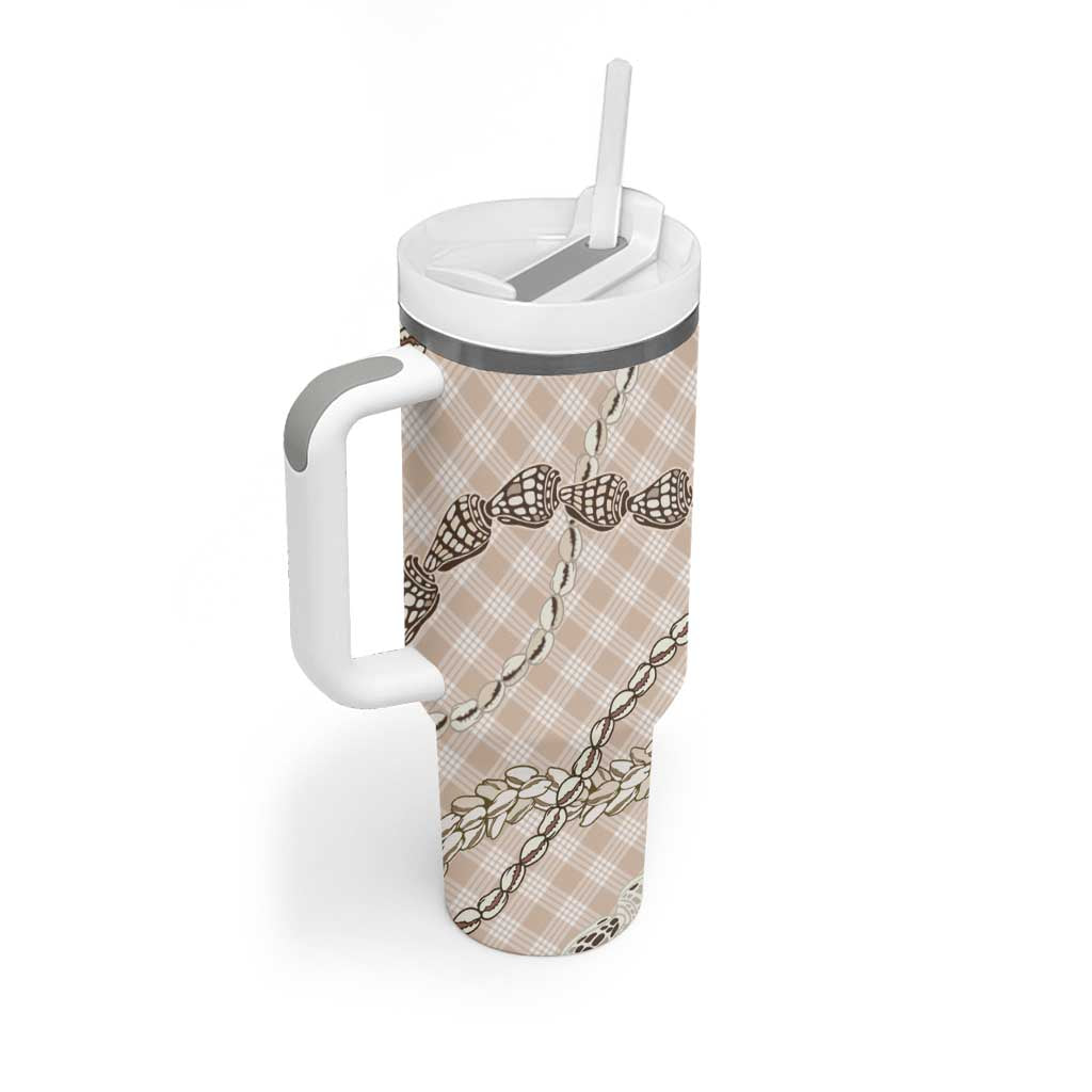 Beige Aloha Hawaii Shell Lei Tumbler With Handle Palaka Hebrew Cone Honey Cowrie Elegant Curves - Polynesian Pride