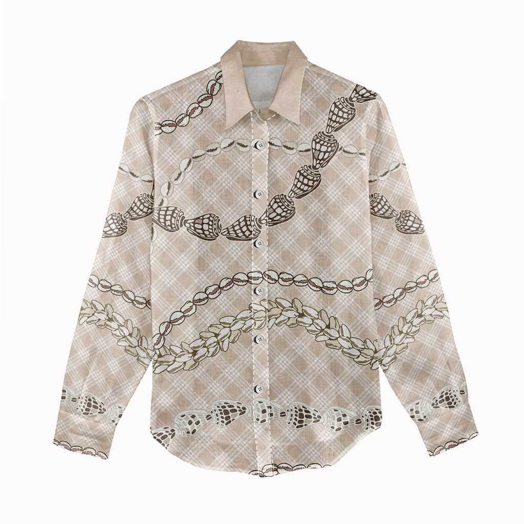 Beige Aloha Hawaii Shell Lei Women Casual Shirt Palaka Hebrew Cone Honey Cowrie Elegant Curves - Polynesian Pride