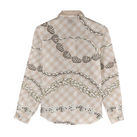 Beige Aloha Hawaii Shell Lei Women Casual Shirt Palaka Hebrew Cone Honey Cowrie Elegant Curves - Polynesian Pride