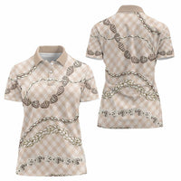 Beige Aloha Hawaii Shell Lei Women Polo Shirt Palaka Hebrew Cone Honey Cowrie Elegant Curves - Polynesian Pride