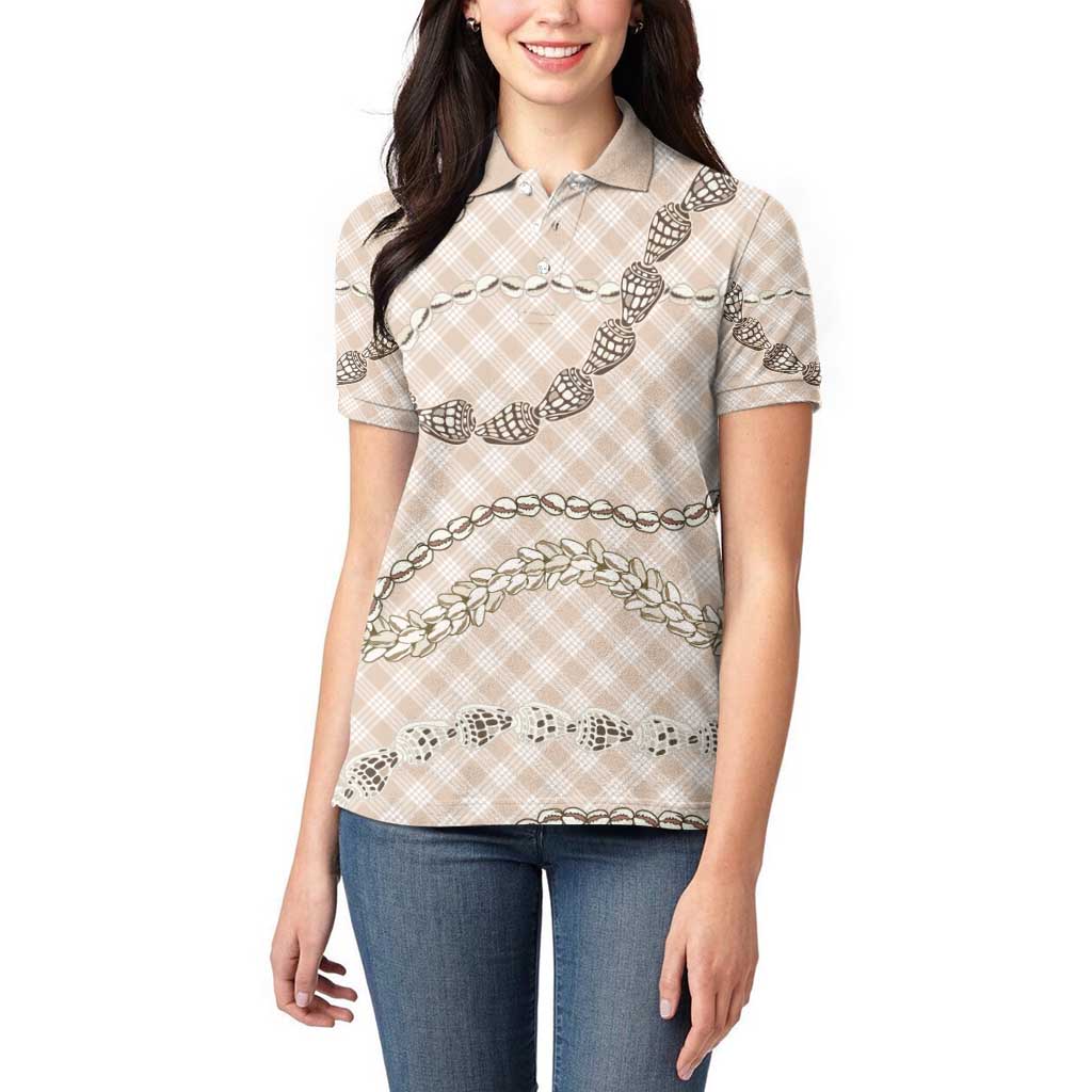 Beige Aloha Hawaii Shell Lei Women Polo Shirt Palaka Hebrew Cone Honey Cowrie Elegant Curves - Polynesian Pride
