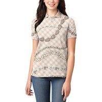 Beige Aloha Hawaii Shell Lei Women Polo Shirt Palaka Hebrew Cone Honey Cowrie Elegant Curves - Polynesian Pride