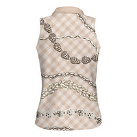 Beige Aloha Hawaii Shell Lei Women Sleeveless Polo Shirt Palaka Hebrew Cone Honey Cowrie Elegant Curves - Polynesian Pride