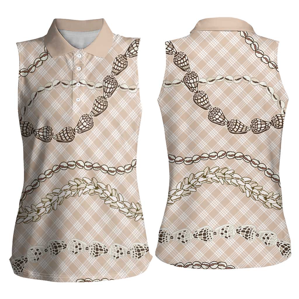 Beige Aloha Hawaii Shell Lei Women Sleeveless Polo Shirt Palaka Hebrew Cone Honey Cowrie Elegant Curves - Polynesian Pride