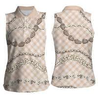 Beige Aloha Hawaii Shell Lei Women Sleeveless Polo Shirt Palaka Hebrew Cone Honey Cowrie Elegant Curves - Polynesian Pride