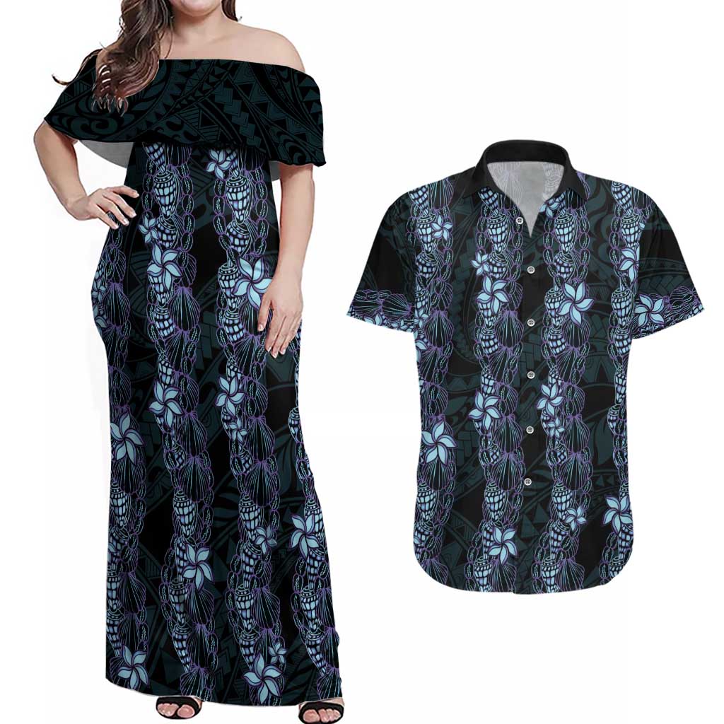 Purple Paradise Hawaii Shell Lei Couples Matching Off Shoulder Maxi Dress and Hawaiian Shirt Hawaiian Sunrise Shell Hebrew Cone Plumeria LT14 Purple - Polynesian Pride