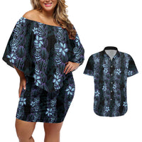 Purple Paradise Hawaii Shell Lei Couples Matching Off Shoulder Short Dress and Hawaiian Shirt Hawaiian Sunrise Shell Hebrew Cone Plumeria LT14 Purple - Polynesian Pride