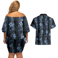 Purple Paradise Hawaii Shell Lei Couples Matching Off Shoulder Short Dress and Hawaiian Shirt Hawaiian Sunrise Shell Hebrew Cone Plumeria LT14 - Polynesian Pride