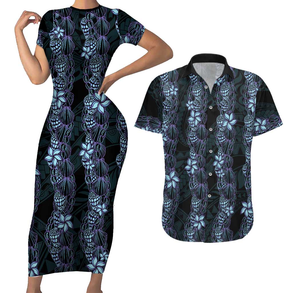 Purple Paradise Hawaii Shell Lei Couples Matching Short Sleeve Bodycon Dress and Hawaiian Shirt Hawaiian Sunrise Shell Hebrew Cone Plumeria - Polynesian Pride