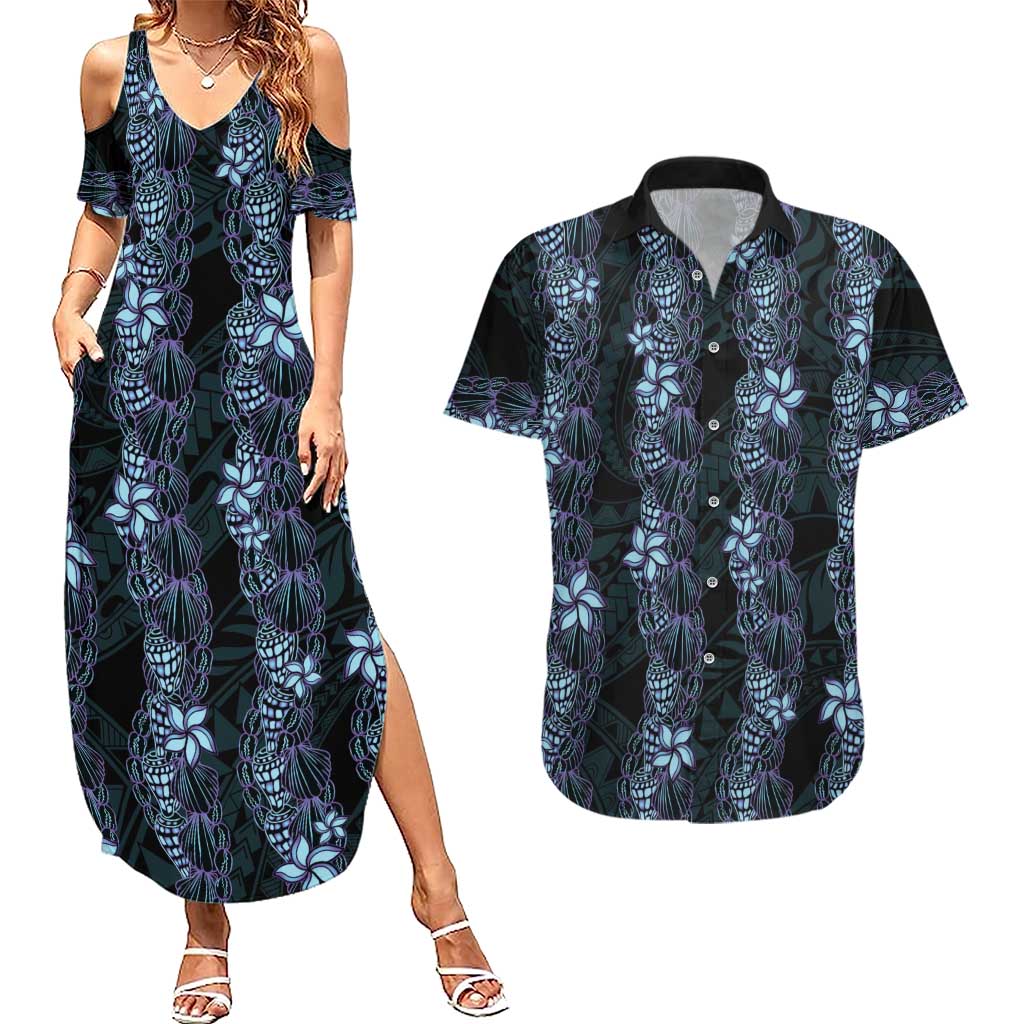Purple Paradise Hawaii Shell Lei Couples Matching Summer Maxi Dress and Hawaiian Shirt Hawaiian Sunrise Shell Hebrew Cone Plumeria - Polynesian Pride
