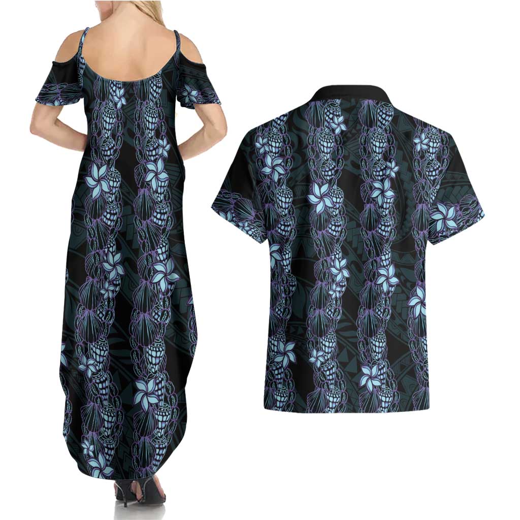 Purple Paradise Hawaii Shell Lei Couples Matching Summer Maxi Dress and Hawaiian Shirt Hawaiian Sunrise Shell Hebrew Cone Plumeria - Polynesian Pride