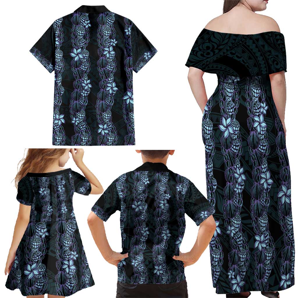 Purple Paradise Hawaii Shell Lei Family Matching Off Shoulder Maxi Dress and Hawaiian Shirt Hawaiian Sunrise Shell Hebrew Cone Plumeria - Polynesian Pride