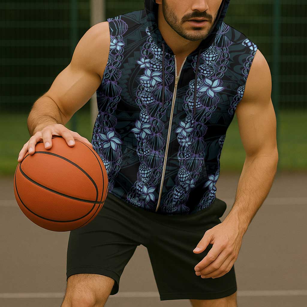 Purple Paradise Hawaii Shell Lei Sleeveless Zip Hoodie Hawaiian Sunrise Shell Hebrew Cone Plumeria - Polynesian Pride