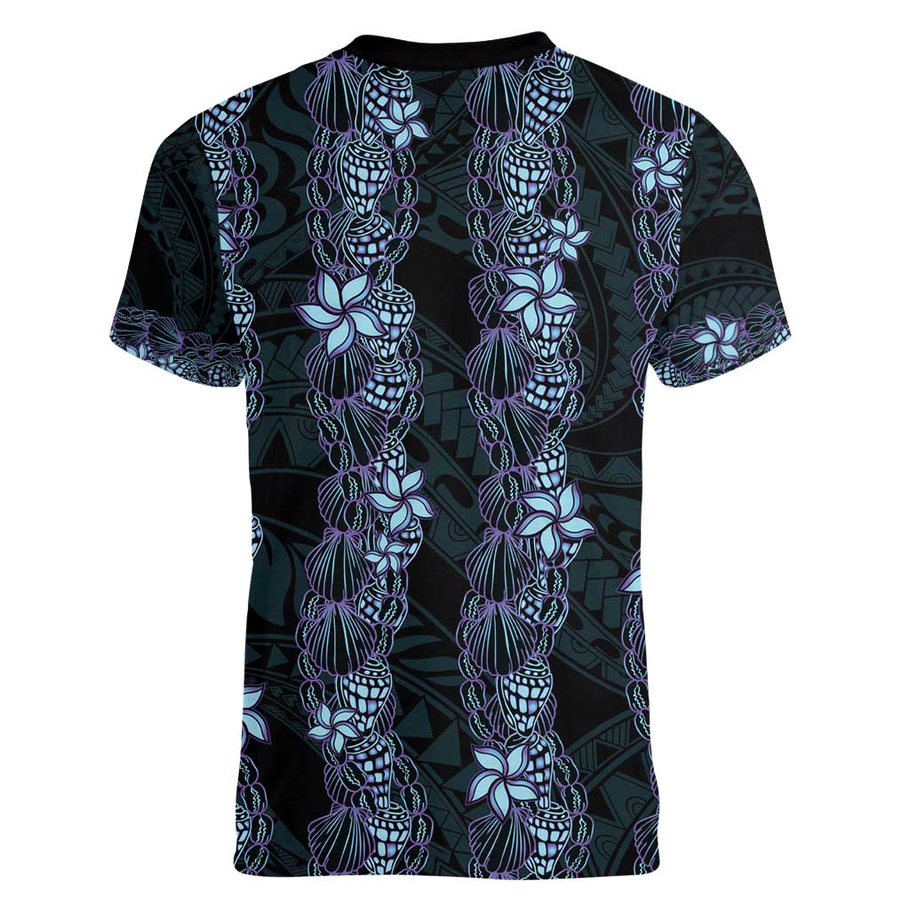 Purple Paradise Hawaii Shell Lei Women V-Neck T-Shirt Hawaiian Sunrise Shell Hebrew Cone Plumeria - Polynesian Pride