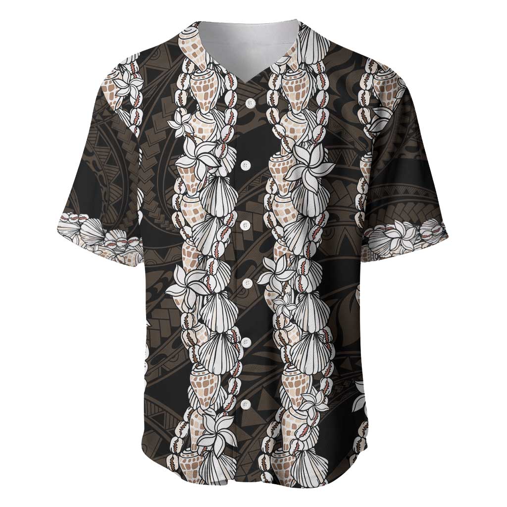 Black and Beige Hawaii Shell Lei Baseball Jersey Hawaiian Sunrise Shell Hebrew Cone Plumeria - Polynesian Pride