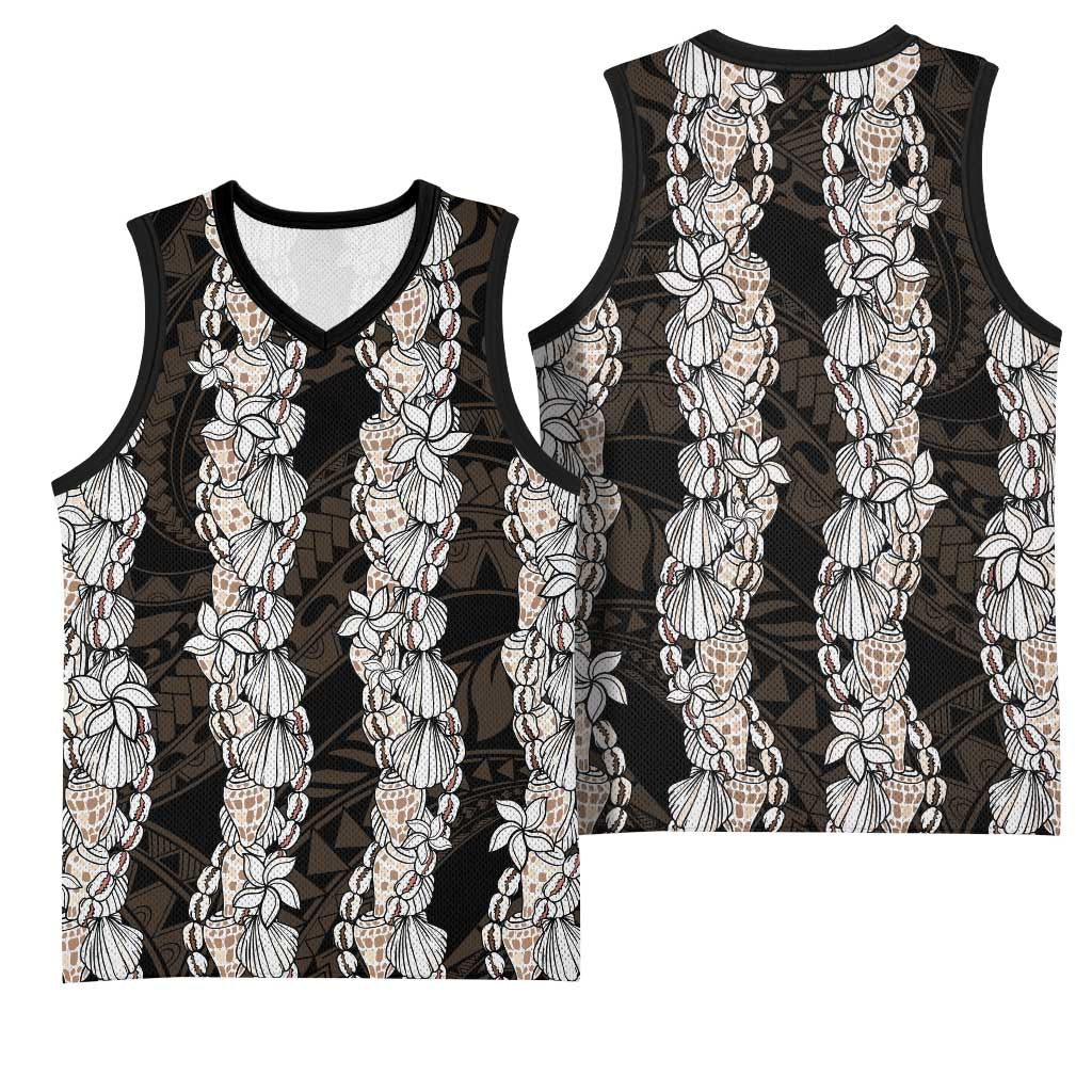 Black and Beige Hawaii Shell Lei Basketball Jersey Hawaiian Sunrise Shell Hebrew Cone Plumeria - Polynesian Pride