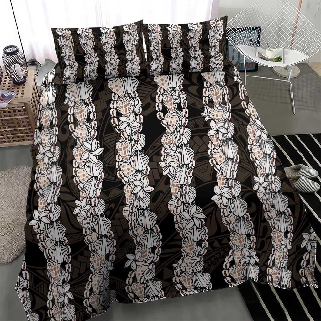 Black and Beige Hawaii Shell Lei Bedding Set Hawaiian Sunrise Shell Hebrew Cone Plumeria - Polynesian Pride