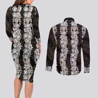 Black and Beige Hawaii Shell Lei Couples Matching Long Sleeve Bodycon Dress and Long Sleeve Button Shirt Hawaiian Sunrise Shell Hebrew Cone Plumeria - Polynesian Pride