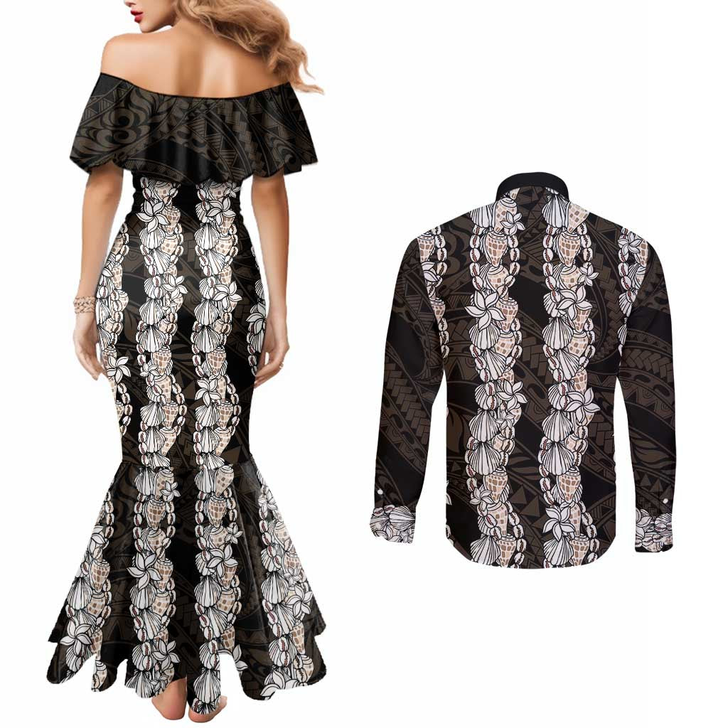 Black and Beige Hawaii Shell Lei Couples Matching Mermaid Dress and Long Sleeve Button Shirt Hawaiian Sunrise Shell Hebrew Cone Plumeria - Polynesian Pride
