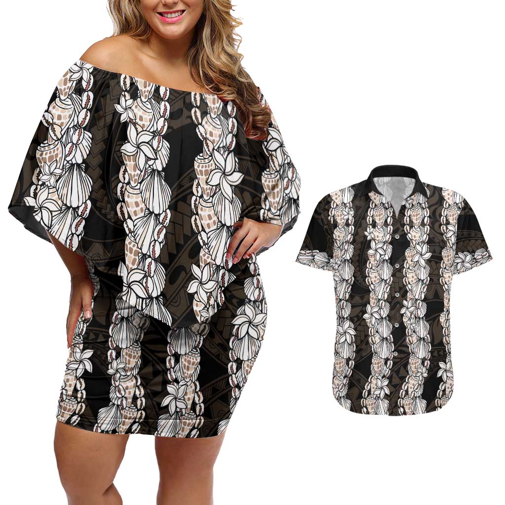 Black and Beige Hawaii Shell Lei Couples Matching Off Shoulder Short Dress and Hawaiian Shirt Hawaiian Sunrise Shell Hebrew Cone Plumeria LT14 Black - Polynesian Pride