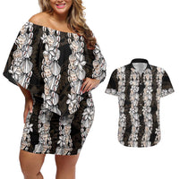 Black and Beige Hawaii Shell Lei Couples Matching Off Shoulder Short Dress and Hawaiian Shirt Hawaiian Sunrise Shell Hebrew Cone Plumeria LT14 Black - Polynesian Pride