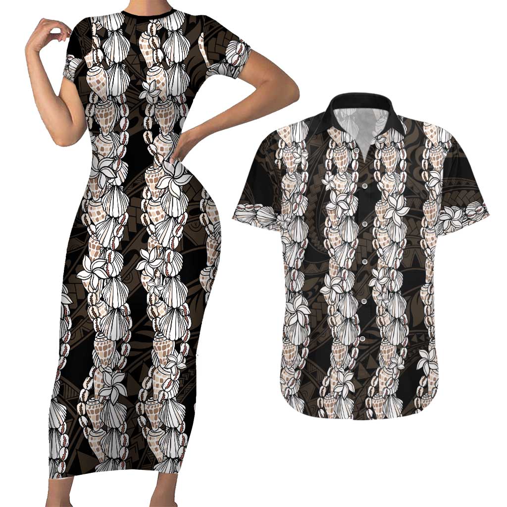 Black and Beige Hawaii Shell Lei Couples Matching Short Sleeve Bodycon Dress and Hawaiian Shirt Hawaiian Sunrise Shell Hebrew Cone Plumeria LT14 Black - Polynesian Pride