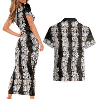 Black and Beige Hawaii Shell Lei Couples Matching Short Sleeve Bodycon Dress and Hawaiian Shirt Hawaiian Sunrise Shell Hebrew Cone Plumeria LT14 - Polynesian Pride