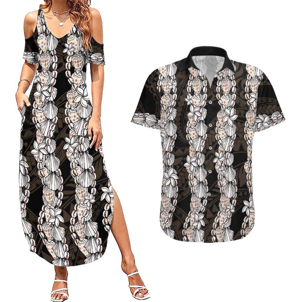Black and Beige Hawaii Shell Lei Couples Matching Summer Maxi Dress and Hawaiian Shirt Hawaiian Sunrise Shell Hebrew Cone Plumeria LT14 Black - Polynesian Pride