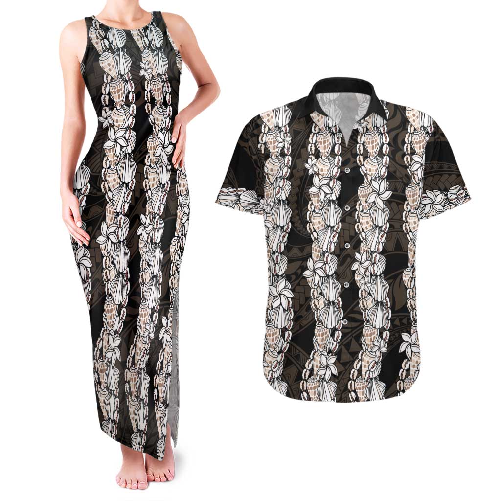 Black and Beige Hawaii Shell Lei Couples Matching Tank Maxi Dress and Hawaiian Shirt Hawaiian Sunrise Shell Hebrew Cone Plumeria LT14 Black - Polynesian Pride