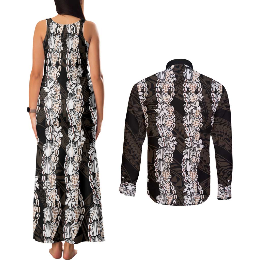 Black and Beige Hawaii Shell Lei Couples Matching Tank Maxi Dress and Long Sleeve Button Shirt Hawaiian Sunrise Shell Hebrew Cone Plumeria - Polynesian Pride