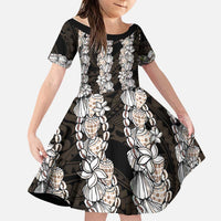 Black and Beige Hawaii Shell Lei Family Matching Long Sleeve Bodycon Dress and Hawaiian Shirt Hawaiian Sunrise Shell Hebrew Cone Plumeria LT14 Daughter's Dress Black - Polynesian Pride
