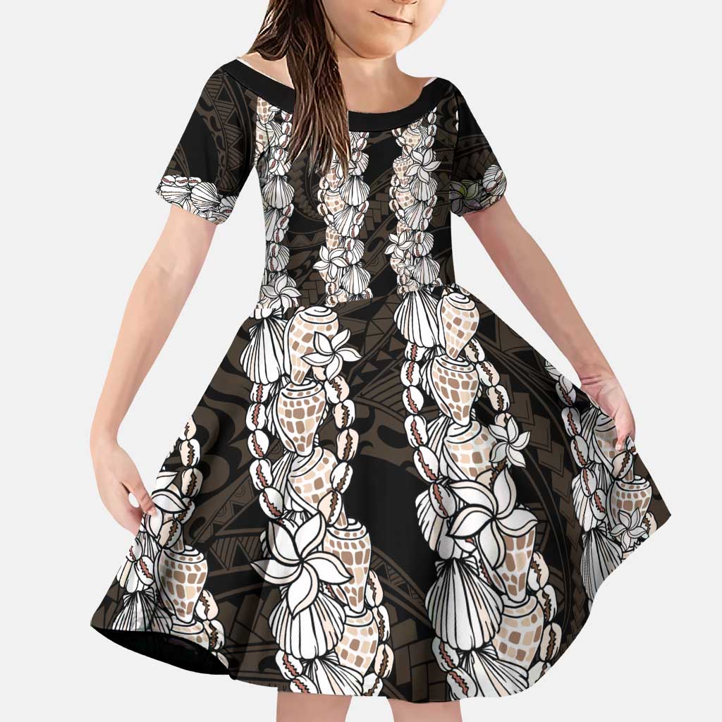 Black and Beige Hawaii Shell Lei Family Matching Mermaid Dress and Hawaiian Shirt Hawaiian Sunrise Shell Hebrew Cone Plumeria LT14 Daughter's Dress Black - Polynesian Pride