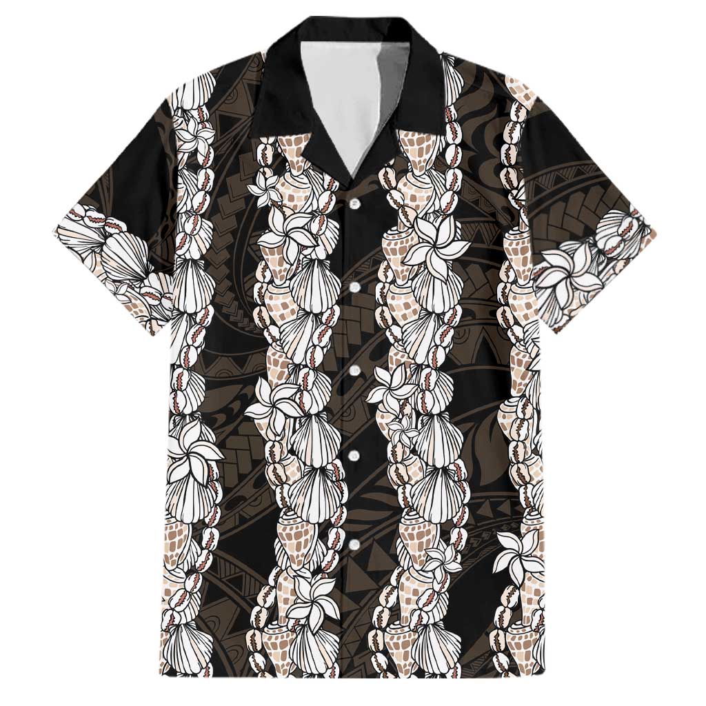 Black and Beige Hawaii Shell Lei Family Matching Mermaid Dress and Hawaiian Shirt Hawaiian Sunrise Shell Hebrew Cone Plumeria LT14 Dad's Shirt - Short Sleeve Black - Polynesian Pride