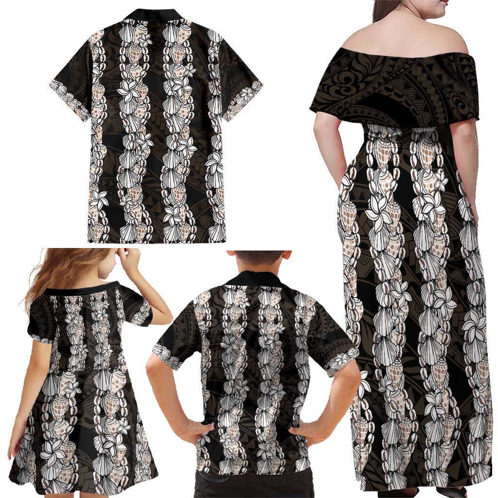 Black and Beige Hawaii Shell Lei Family Matching Off Shoulder Maxi Dress and Hawaiian Shirt Hawaiian Sunrise Shell Hebrew Cone Plumeria - Polynesian Pride