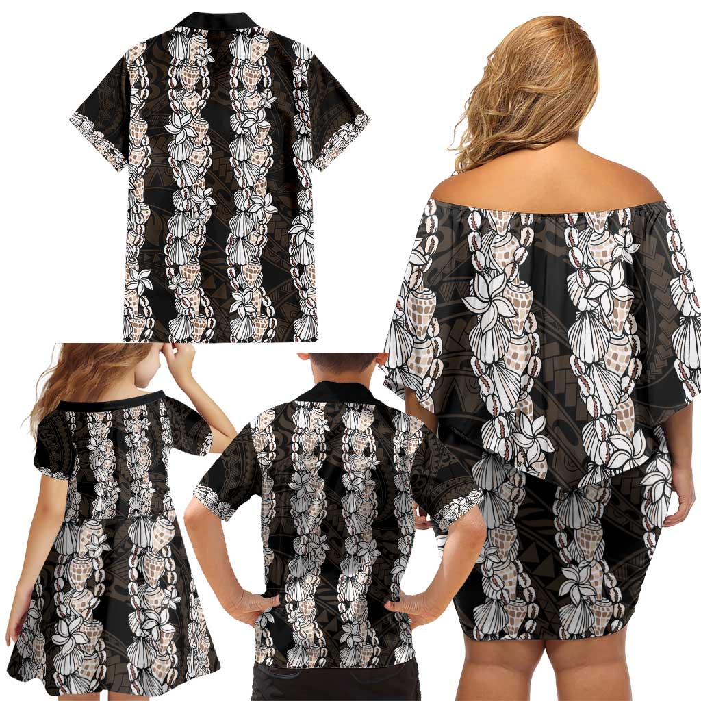 Black and Beige Hawaii Shell Lei Family Matching Off Shoulder Short Dress and Hawaiian Shirt Hawaiian Sunrise Shell Hebrew Cone Plumeria - Polynesian Pride