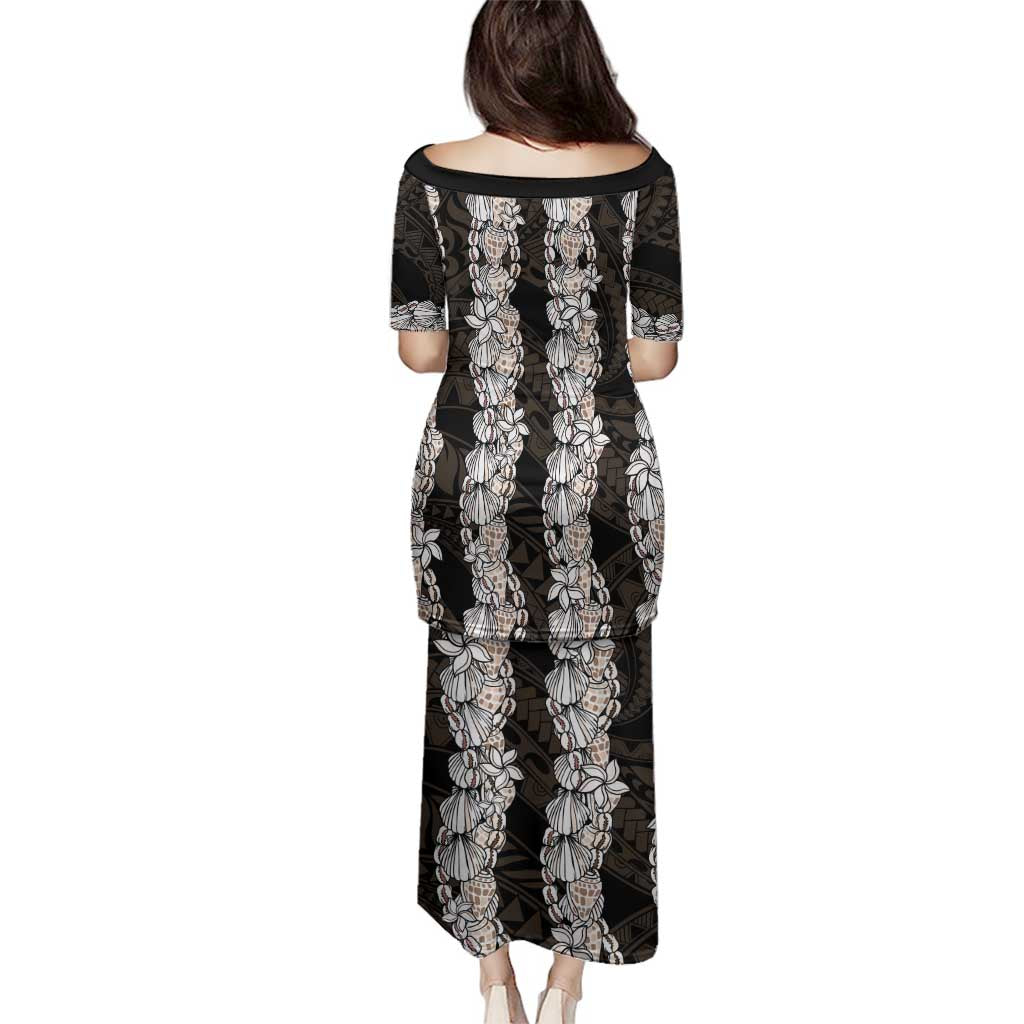 Black and Beige Hawaii Shell Lei Family Matching Puletasi and Hawaiian Shirt Hawaiian Sunrise Shell Hebrew Cone Plumeria - Polynesian Pride