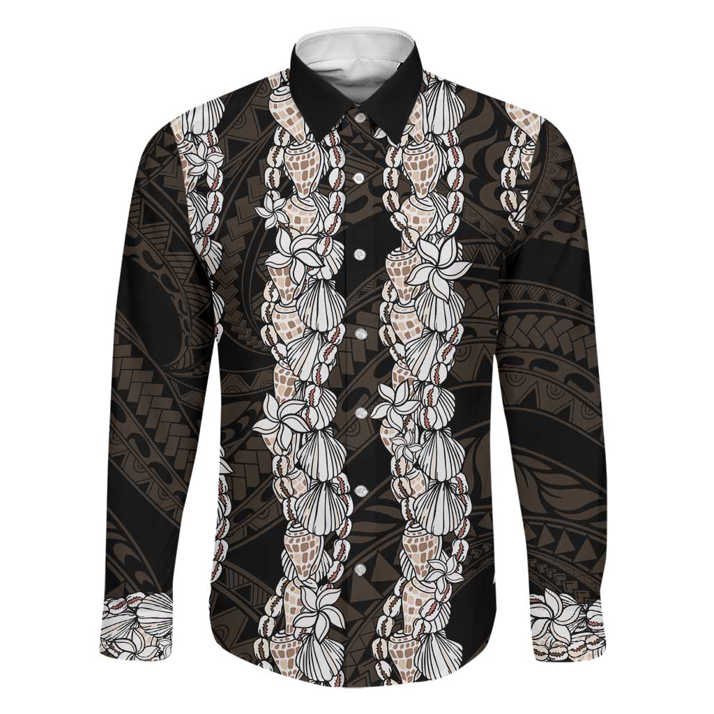 Black and Beige Hawaii Shell Lei Family Matching Short Sleeve Bodycon Dress and Hawaiian Shirt Hawaiian Sunrise Shell Hebrew Cone Plumeria LT14 Dad's Shirt - Long Sleeve Black - Polynesian Pride
