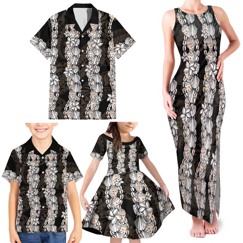 Black and Beige Hawaii Shell Lei Family Matching Tank Maxi Dress and Hawaiian Shirt Hawaiian Sunrise Shell Hebrew Cone Plumeria - Polynesian Pride