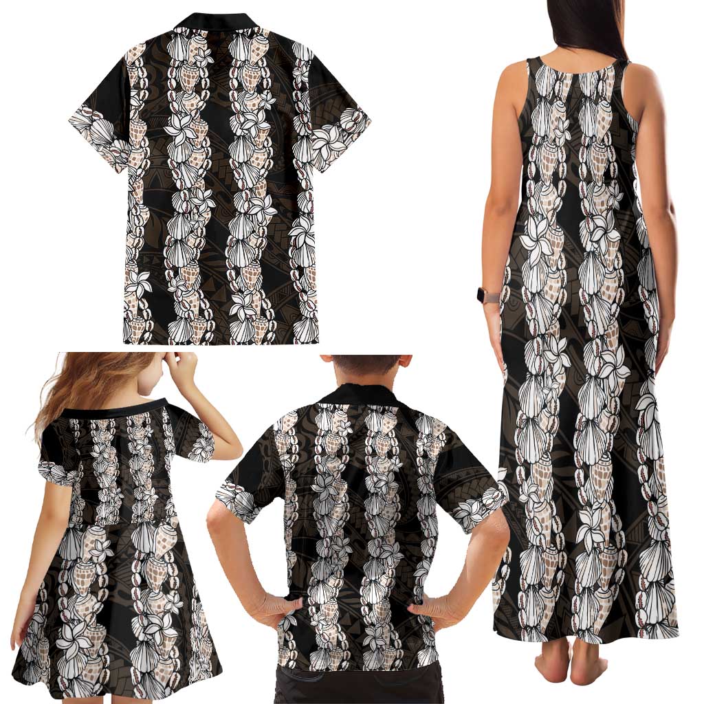 Black and Beige Hawaii Shell Lei Family Matching Tank Maxi Dress and Hawaiian Shirt Hawaiian Sunrise Shell Hebrew Cone Plumeria - Polynesian Pride