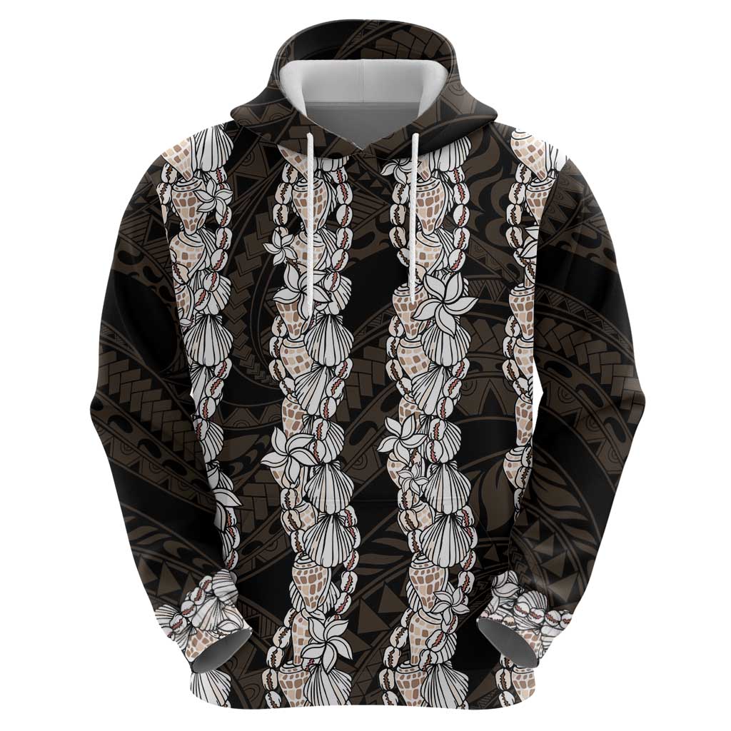 Black and Beige Hawaii Shell Lei Hoodie Hawaiian Sunrise Shell Hebrew Cone Plumeria - Polynesian Pride