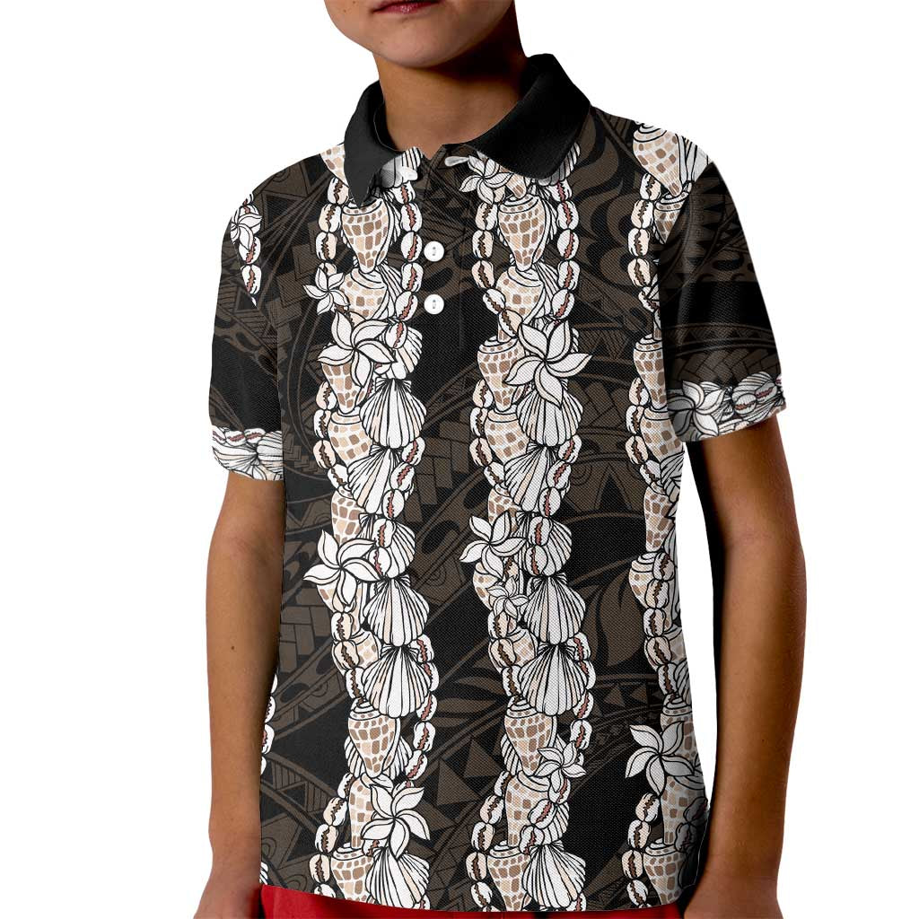Black and Beige Hawaii Shell Lei Kid Polo Shirt Hawaiian Sunrise Shell Hebrew Cone Plumeria - Polynesian Pride