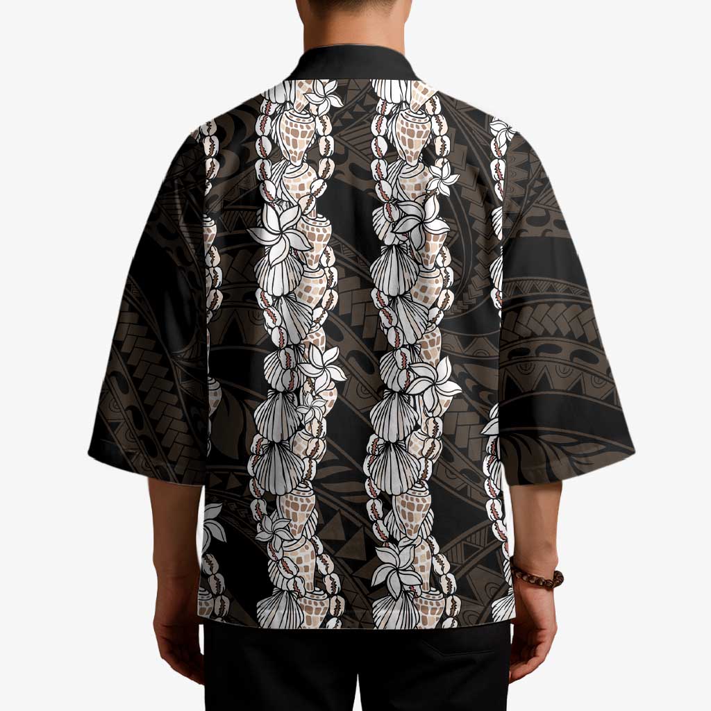 Black and Beige Hawaii Shell Lei Kimono Hawaiian Sunrise Shell Hebrew Cone Plumeria - Polynesian Pride