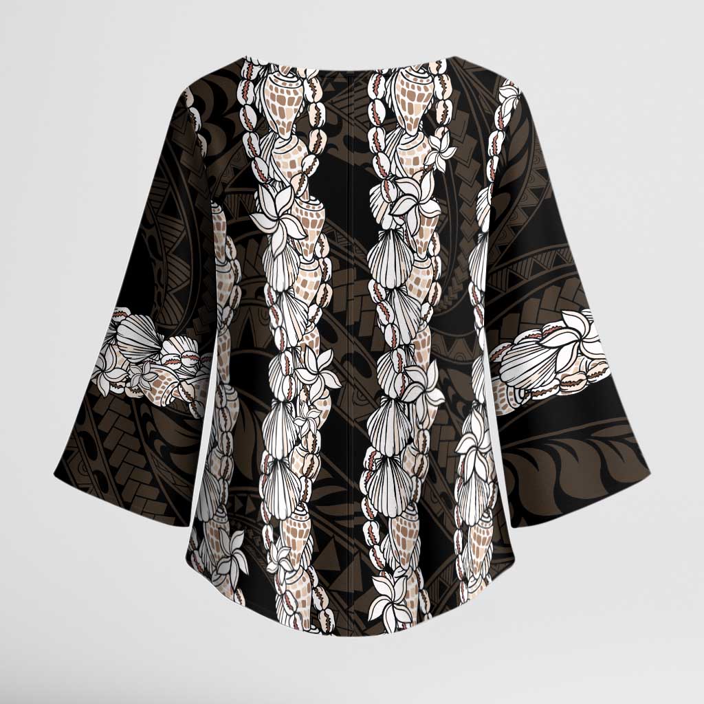 Black and Beige Hawaii Shell Lei Kimono Sleeve Blouse Hawaiian Sunrise Shell Hebrew Cone Plumeria - Polynesian Pride