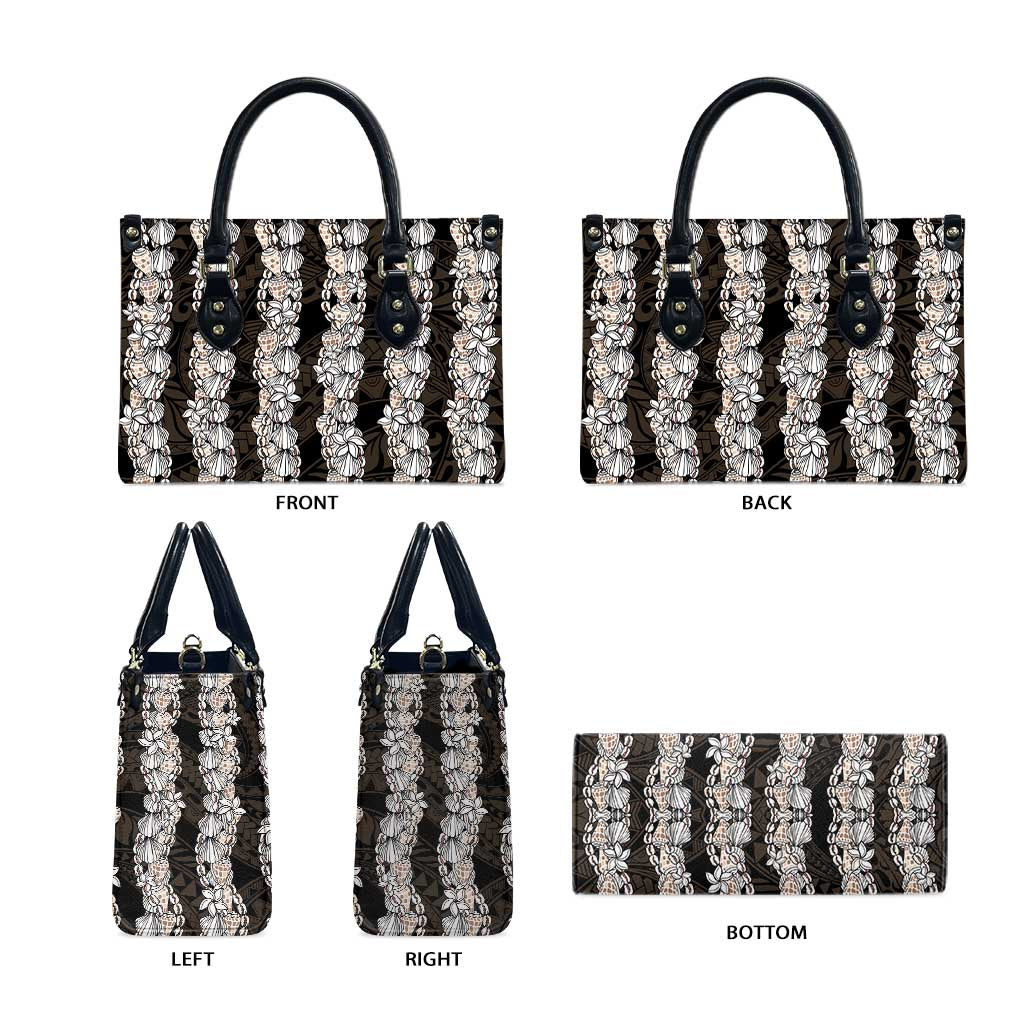 Black and Beige Hawaii Shell Lei Leather Bag Hawaiian Sunrise Shell Hebrew Cone Plumeria - Polynesian Pride