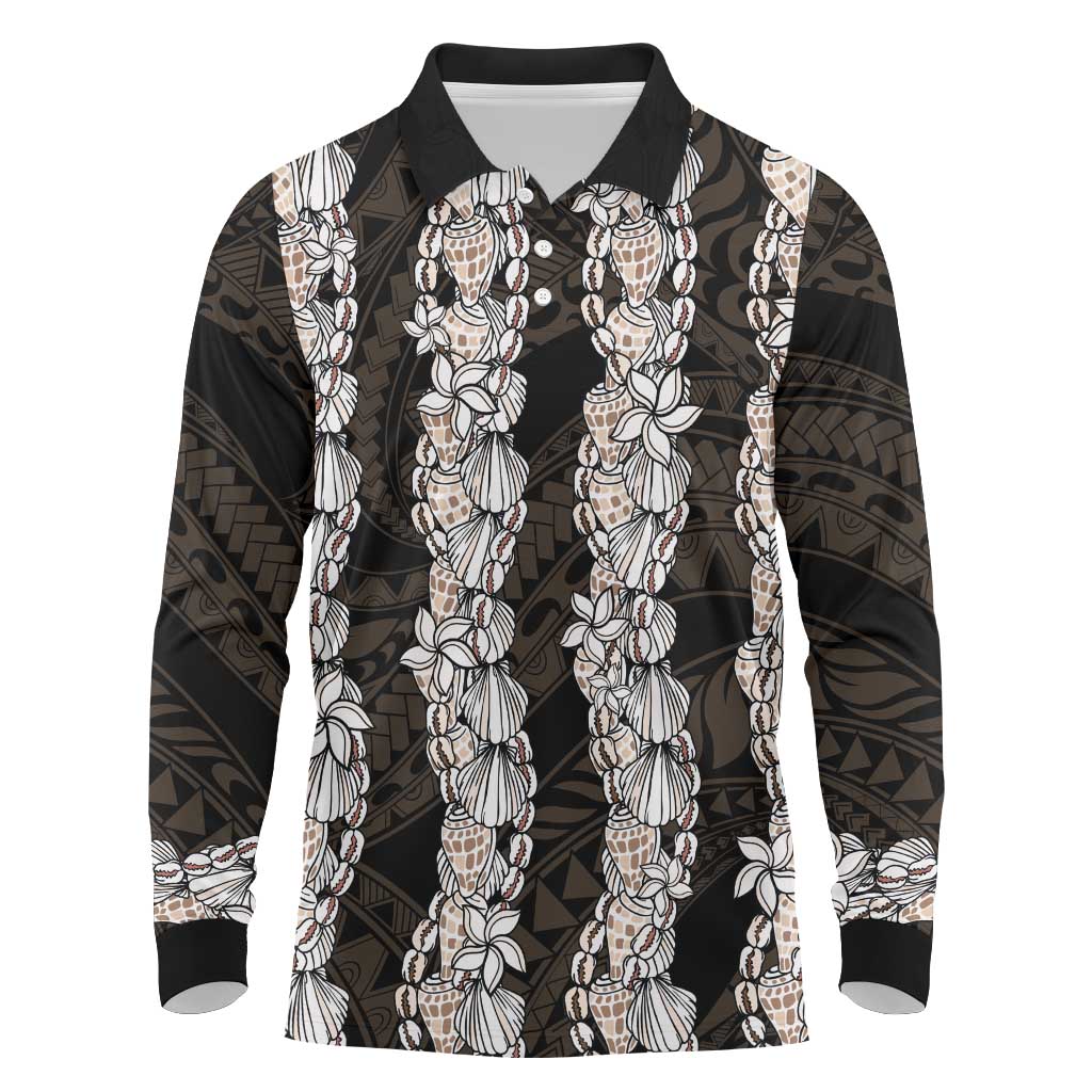 Black and Beige Hawaii Shell Lei Long Sleeve Polo Shirt Hawaiian Sunrise Shell Hebrew Cone Plumeria - Polynesian Pride