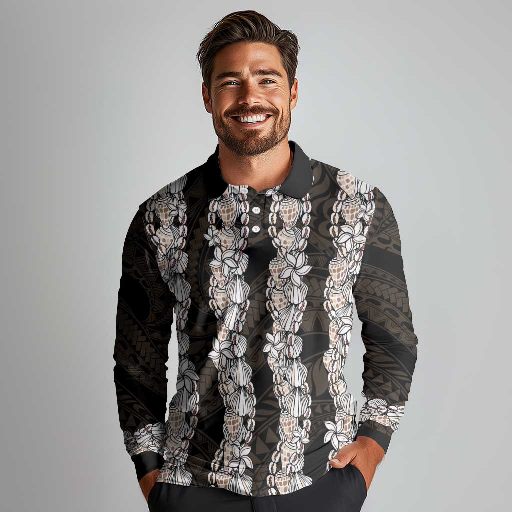 Black and Beige Hawaii Shell Lei Long Sleeve Polo Shirt Hawaiian Sunrise Shell Hebrew Cone Plumeria - Polynesian Pride